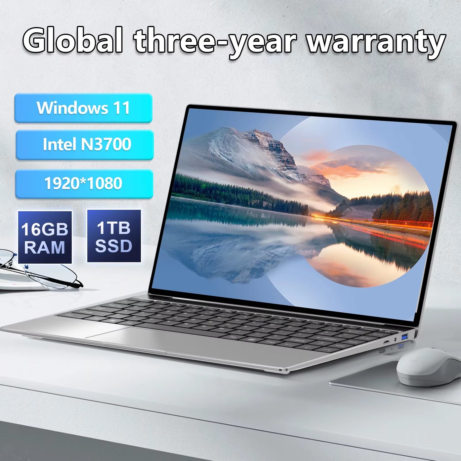 14.1" Laptop Windows 11 Pro Ultra Slim Notebook Gamer  Pentium N3700 16GB 1024GB 1920*1080 Display Office Study Computer PC