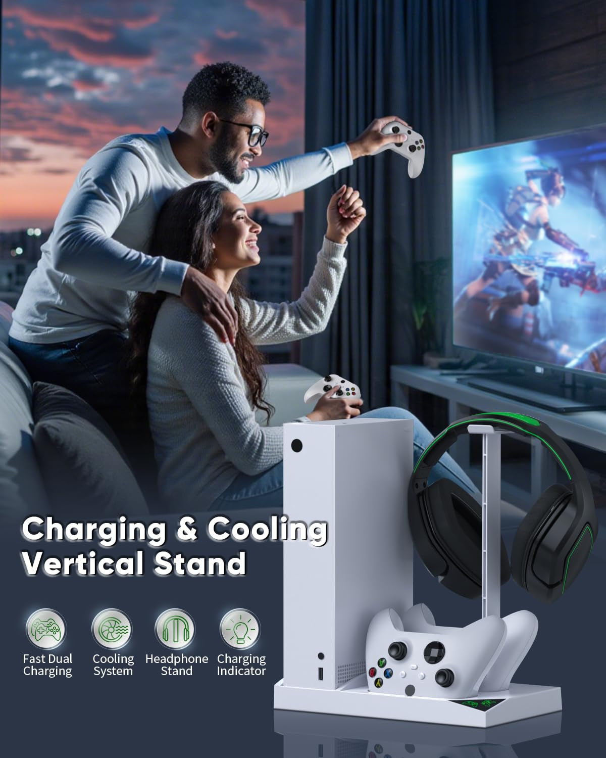 Charger Stand with Cooling Fan for Xbox Series S Console and Controller,Vertical Dual Charging Dock Accessories with 2 X 1400Mah Rechargeable Battery and Cover, Earphone Bracket for XSS